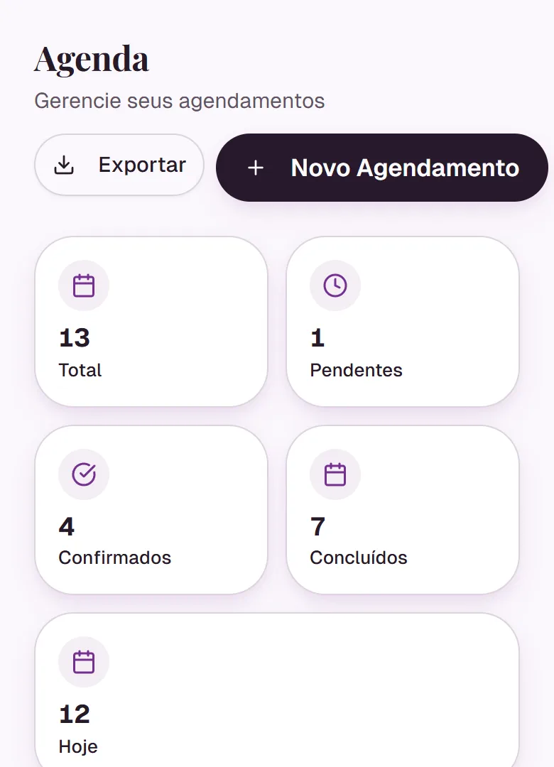 Tela de agenda do painel com filtros e contadores de agendamentos demonstrativos